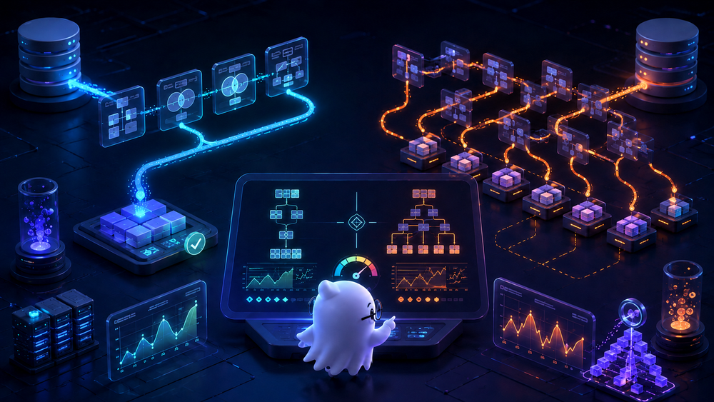 PostgreSQL 단일 조인·집계와 반복 분리 조회의 실행 경로를 비교하는 3D 일러스트
