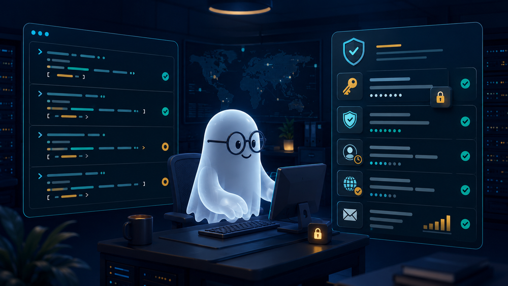 Ghost 블로그 서버 명령어와 Mailgun 보안 체크리스트를 함께 점검하는 관리자 일러스트