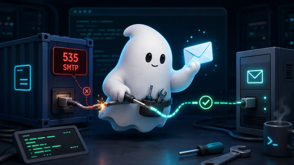 Ghost Docker 관리자 로그인 메일의 EAUTH·ESOCKET 오류를 해결하는 유령 캐릭터