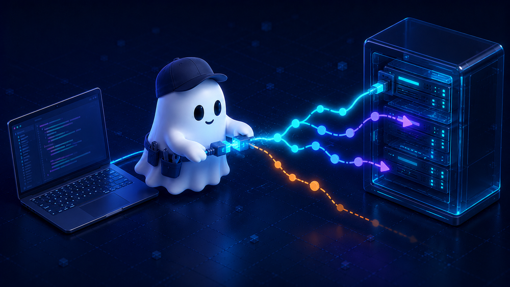 GitLab git clone 연결 오류를 점검하는 유령 네트워크 엔지니어 일러스트