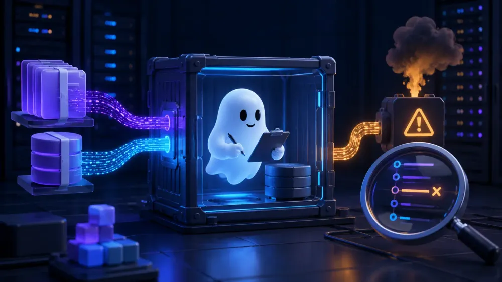 격리된 Ghost·MySQL 백업 복원 컨테이너와 Docker 시작 실패를 분석하는 유령 캐릭터