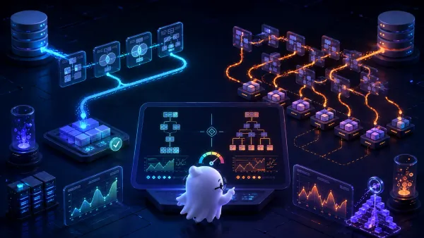 PostgreSQL 단일 조인·집계와 반복 분리 조회의 실행 경로를 비교하는 3D 일러스트