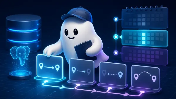 흰색 유령 캐릭터가 PostgreSQL 노선 요금 규칙의 우선순위와 기준일자 이력을 정리하는 3D 일러스트