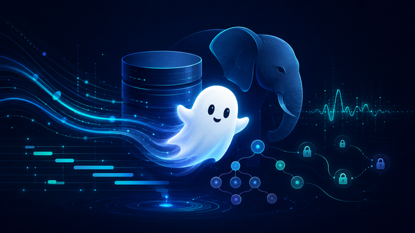 PostgreSQL 데이터베이스와 코끼리 실루엣, 쿼리 흐름과 락 상태를 살피는 흰색 유령 캐릭터