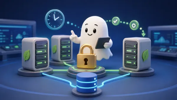 여러 Spring Boot 서버의 예약 작업을 ShedLock과 PostgreSQL로 조율하는 흰색 유령 캐릭터 3D 일러스트