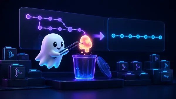 mLog 유령 캐릭터가 Git 커밋 기록에서 대용량 객체를 제거해 저장소를 정리하는 3D 일러스트