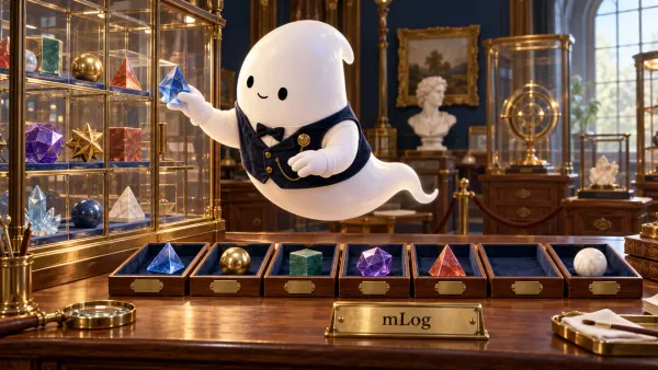 mLog 명판이 있는 박물관 작업대에서 유물과 빈 전시함을 함께 보존하는 흰색 3D 유령 큐레이터