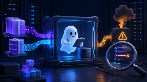 격리된 Ghost·MySQL 백업 복원 컨테이너와 Docker 시작 실패를 분석하는 유령 캐릭터