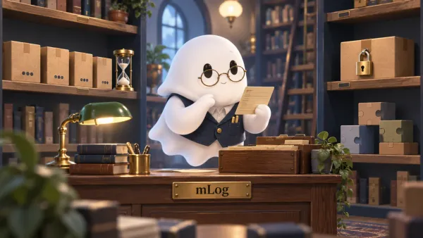 mLog 명판이 있는 도서관 책상에서 배포 대기 상자와 잠금 보관 상자를 구분하는 흰색 3D 유령 패키지 사서