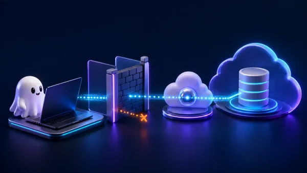 Windows 노트북에서 회사 방화벽과 OCI 중계 서버를 거쳐 클라우드 PostgreSQL 데이터베이스로 이어지는 보안 터널을 표현한 mLog 3D 일러스트