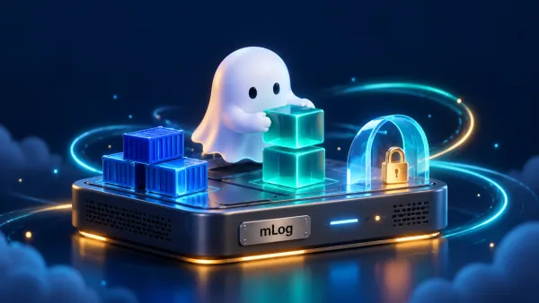 mLog 명판이 달린 단일 서버 위에서 흰색 유령이 두 개의 K3s 앱 큐브를 배치하고, 옆에 Docker 컨테이너와 보안 게이트가 놓인 3D 일러스트